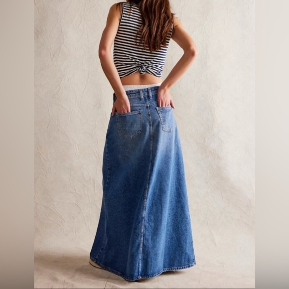#5 NWT Free People Come As You Are Denim Maxi Skirt in Sapphire Blue With Slit - Picture 3 of 7